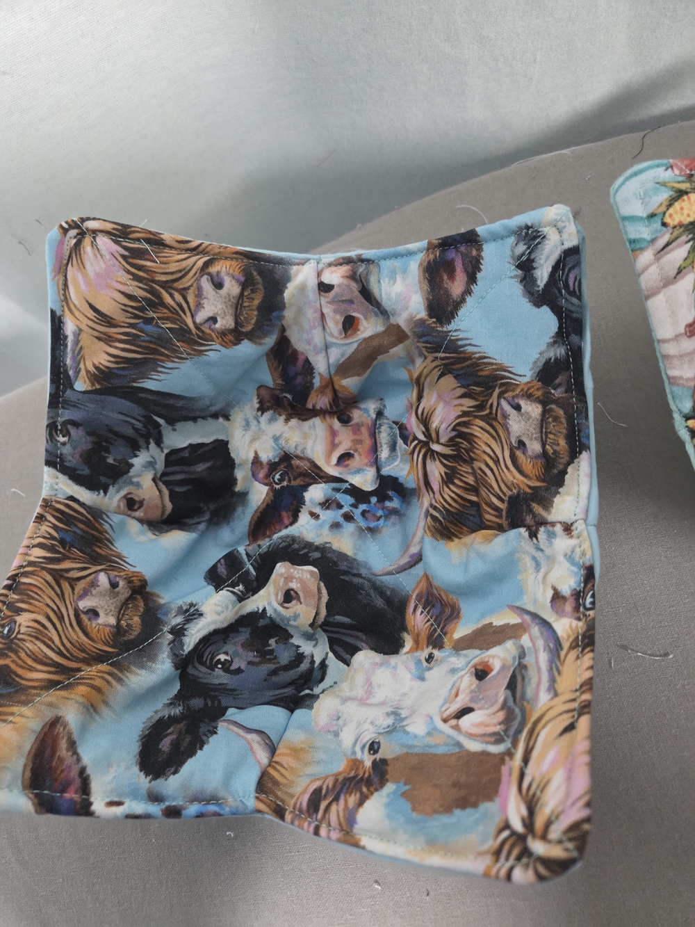 Cozy Bowl Cow Print Cotton Bowl - Blue Background Handmadr